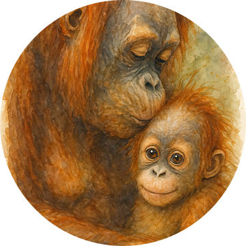 Moederliefde in de jungle (AI) (Oerang oetang moeder baby kus liefde zacht warm aap familieband aquarel schilderij)