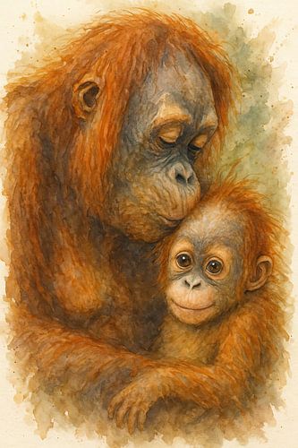 Moederliefde in de jungle (AI) (Oerang oetang moeder baby kus liefde zacht warm aap familieband aquarel schilderij)