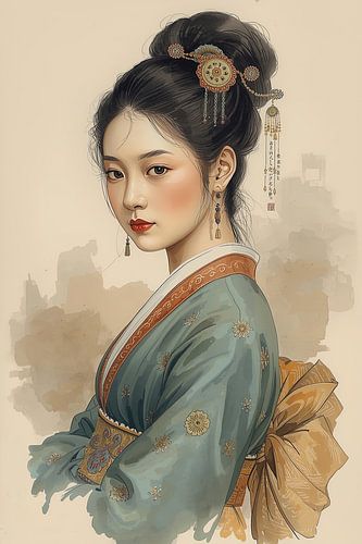 Originele Chinese vrouw in traditionele kleding en juwelen uit de 18de eeuw.