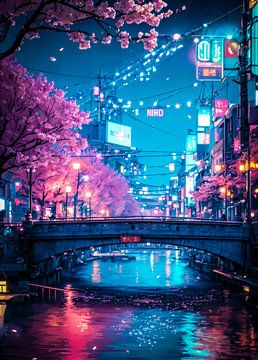 Neon Sakura Nachten in de Stad van Ruzerin