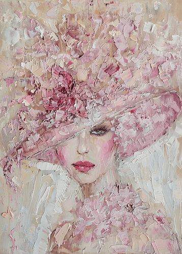 Portret van een dame met een hoed in roze