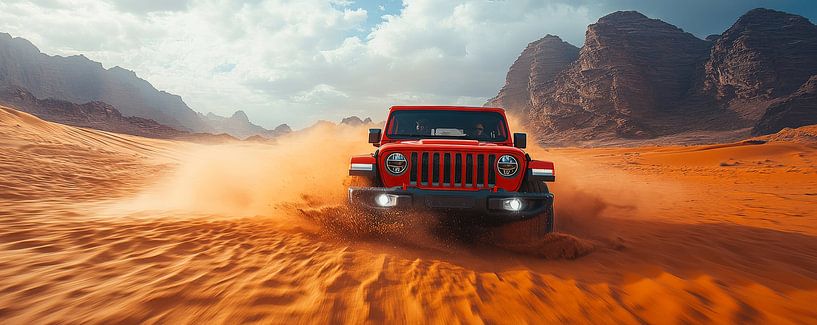 Roter Jeep Wrangler bei Sonnenuntergang in den Dünen von Lufy