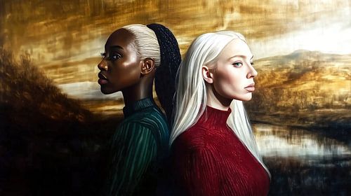 Deux mannequins devant une peinture abstraite