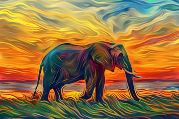 Abstracte olifant met zonsondergang van De Muurdecoratie