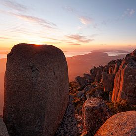 Red glowing sunrise over Mt Wellington near Hobart. View to Kingston. by Jiri Viehmann