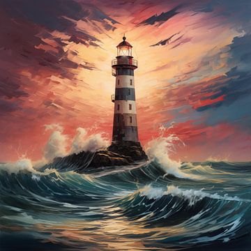 Lighthouse at a storm sunset oil painting by TheXclusive Art
