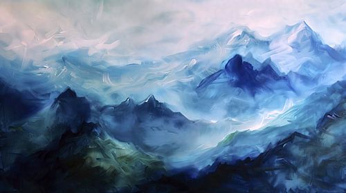 Montagnes brumeuses en bleu et vert