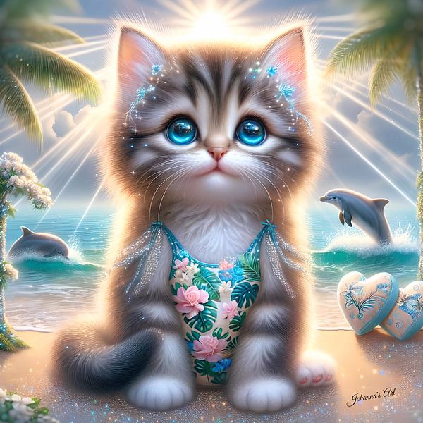 Cute Kitten on a tropical beach 2 by Johannas Art Creations
