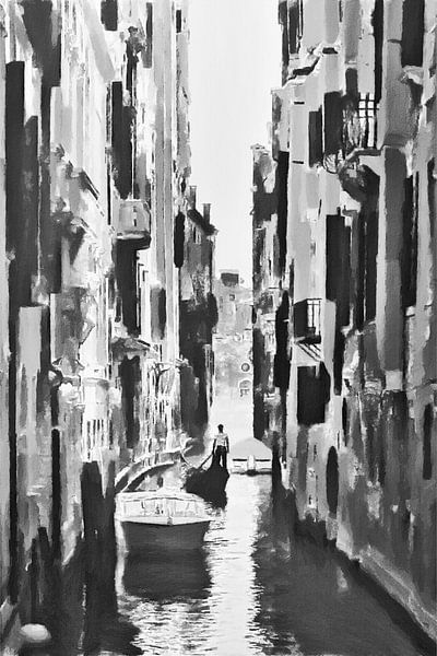 'Eenzaam in Venetië' - Italië - Gondel - Bootje - Digitale Kunst - Zwart-Wit van VenVision Art