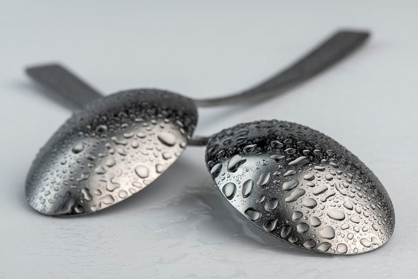 Abstract artistic photograph of a cutlery, being two spoons with waterdrops lying on top of each oth by Tonko Oosterink