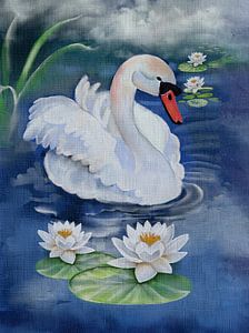 Cygne avec nénuphars peinture à l'huile