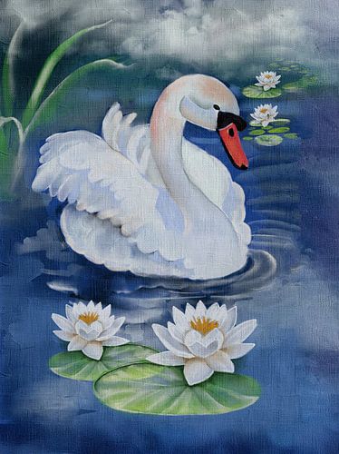 Cygne avec nénuphars peinture à l'huile sur Geertje Burgers