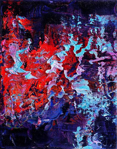 Abstract olieverf schilderij, paars, rood en blauw.