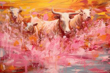 Highland Cattle Swimming | Abstracte kunst van Blikvanger Schilderijen