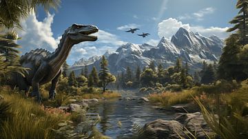 Panorama Jurassic Valley bergen, met dinosaurus, illustratie van Animaflora PicsStock