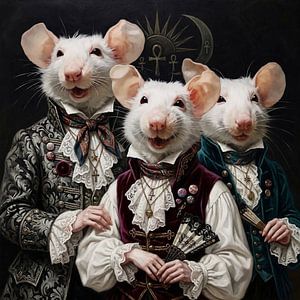 Anthropomorphisme, baroque, élégance, mysticisme, souris, portrait, costume, riche en détails, symbolisme, baroque, surréalisme, mysticisme, bal masqué,