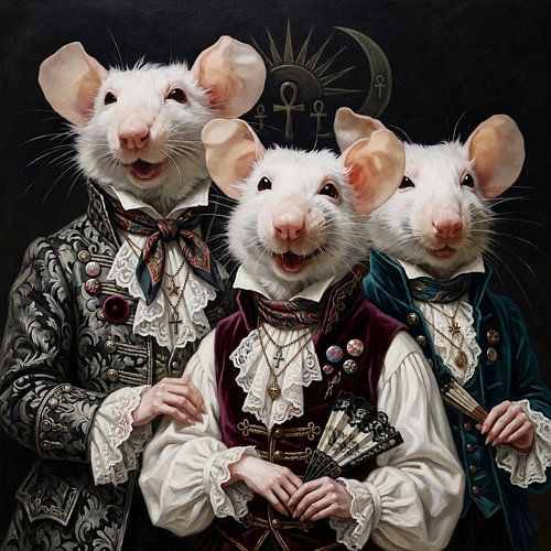 Anthropomorphisme, baroque, élégance, mysticisme, souris, portrait, costume, riche en détails, symbolisme, baroque, surréalisme, mysticisme, bal masqué,