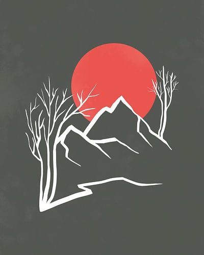 Bomen en bergen in de rode avondzon