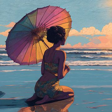 Vrouw met parasol op het strand