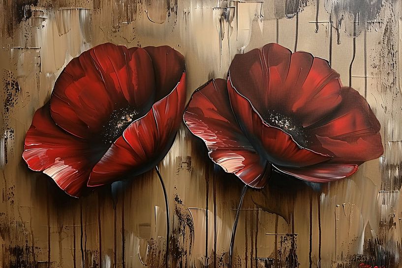 Zwei rote Blumen mit abstraktem Hintergrund von Art & Soul Creations