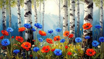 Waldlichtung im Birkenwald mit Wildblumen von AidasignArt