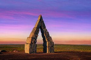 Monumental stone gates in barren landscape, Arctic Henge, Raufar