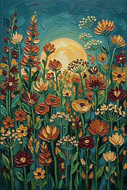Een weide vol wilde bloemen met een gestructureerde impasto-techniek onder een gouden zon van VICTOR S
