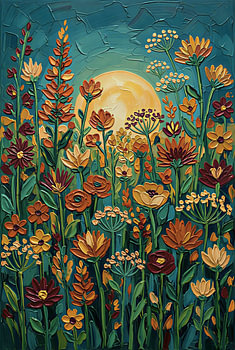 Textured Impasto Wildflower Meadow Under Golden Sun