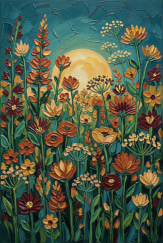 Strukturierte Impasto-Wiese mit Wildblumen unter goldener Sonne