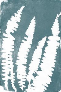 Moderne botanische Kunst. Weiße Farnblätter auf Türkisblau von Dina Dankers
