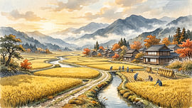 Golden Autumn Harvest Across Japanese Rice Fields by my pixel art