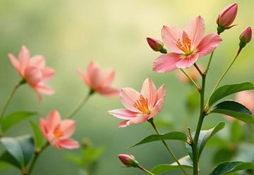 Pink Flowers with Yellow Stamens and Green Foliage