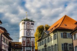 Giebel der Herrenstrasse und Frauentor in Wangen im Allgäu Deutschland