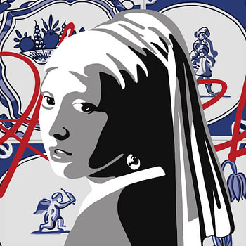 Portret van het Meisje met de Parel op een achtergond van Delftsblauwe parels