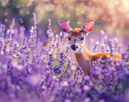 Herten in een lavendelveld – Dromerige natuurkunst in een zachte paarse stijl