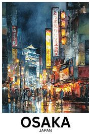 Ame no Yoru (Regenvolle Nacht) | Wandbild mit Aquarell-Stadtansicht aus Osaka, Japan von Jaladri Atelier