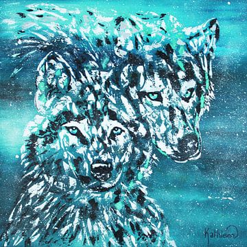 Turquoise winterwolf van Kathleen Artist Fine Art