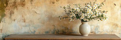 White blossoms in cream vase against soft wall panorama