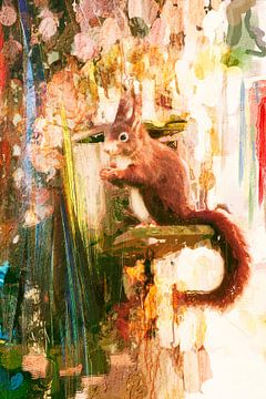 Smikkelende eekhoorn op een voederbak van Studio Mirabelle