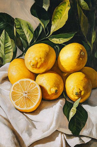 Citrons ensoleillés sur lin - Nature morte dans le style classique de la peinture à l'huile