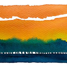 Sonnenaufgang hinter der Baumgrenze | Aquarellmalerei von WatercolorWall