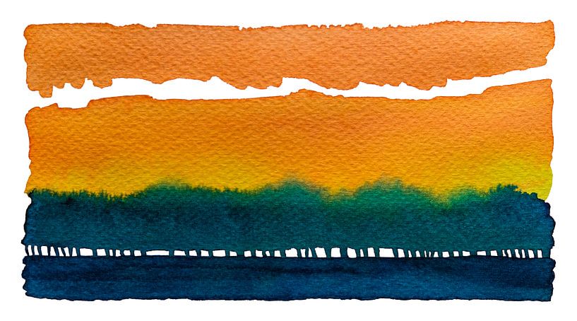 Sunrise behind the treeline | Aquarel schilderij van WatercolorWall