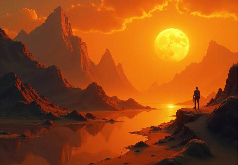 Human Figure at Sunset on an Alien Landscape with Large Moon by Markus Gann