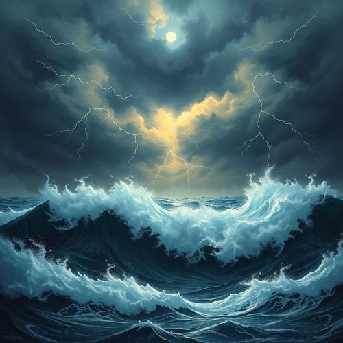 Maanverlichte storm: Een symfonie van neerstortende golven en hemelse bliksem