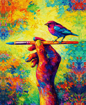 The Artist's Hand – Bird on a Pencil Symbolic Painting