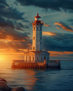 Vuurtoren op de avondzee van fernlichtsicht