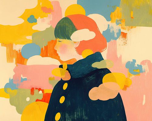 Frau mit Hintergrund | Frau in dunklem Outfit mit buntem Himmel