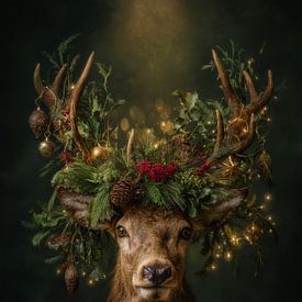 Christmas portrait of a deer with rich green crown, warm lights and magical winter atmosphere by But First Framing