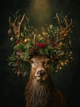 Portrait de Noël d'un cerf avec une riche couronne verte, des lumières chaudes et une atmosphère hivernale magique.