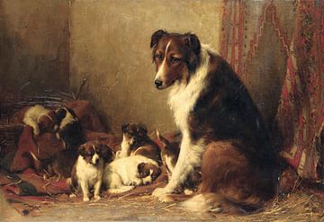 Een Collie met haar Puppies (olieverf op doek)